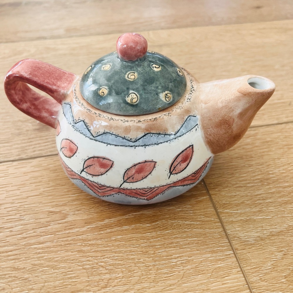 Sango Coffee Shoppe Sue Zipkin Ceramic‎ Teapot Leaf Pattern Hand Painted Boho